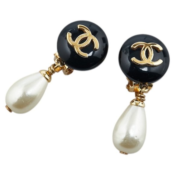 CHANEL Coco Mark Pearl Earrings, Gold and Black Plated, Women's - Picture 1 of 6